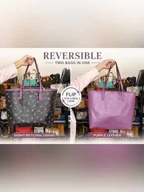 Coach Reversible City Tote Floral Signature Canvas Purple Leather F59460